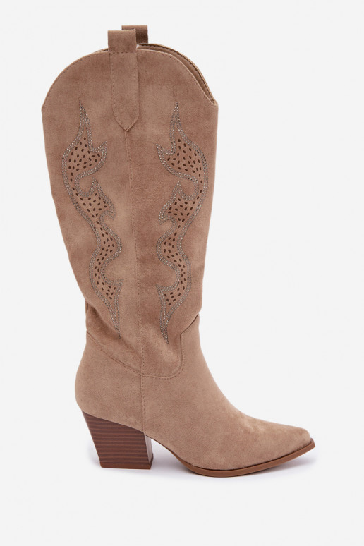 long cowboy-style boots with decoration on the shaft in sand color Greyla