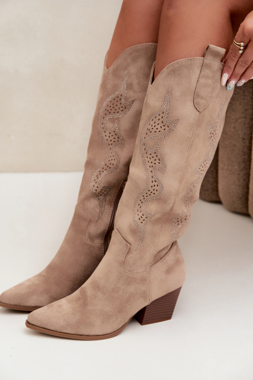 long cowboy-style boots with decoration on the shaft in sand color Greyla
