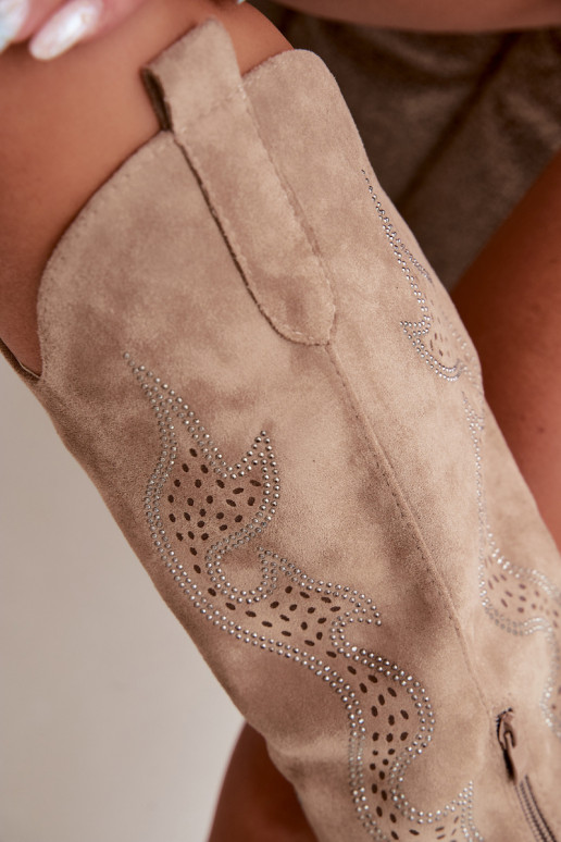 long cowboy-style boots with decoration on the shaft in sand color Greyla