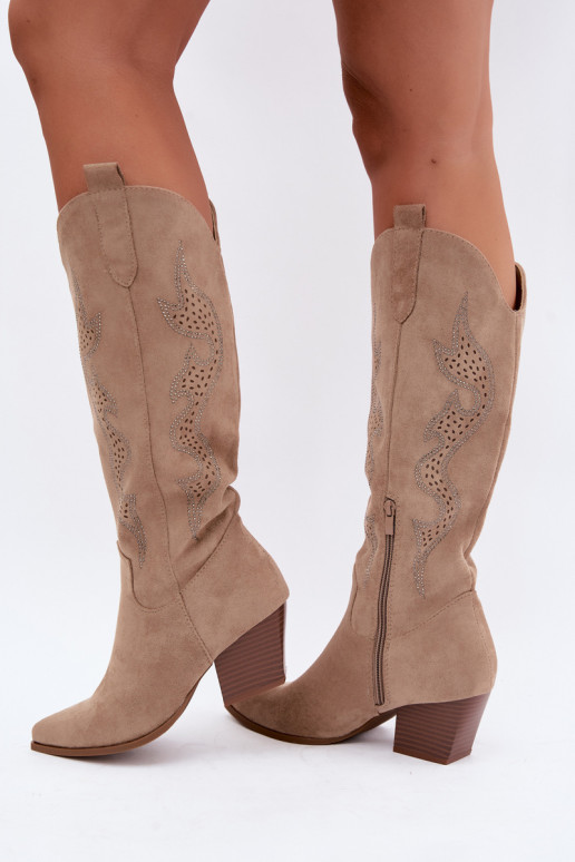 long cowboy-style boots with decoration on the shaft in sand color Greyla