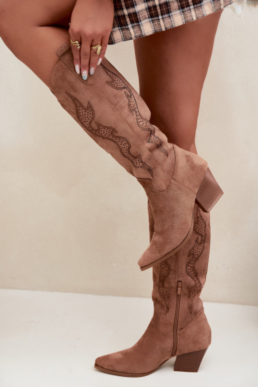 long cowboy-style boots with decoration on the shaft in brown color Greyla