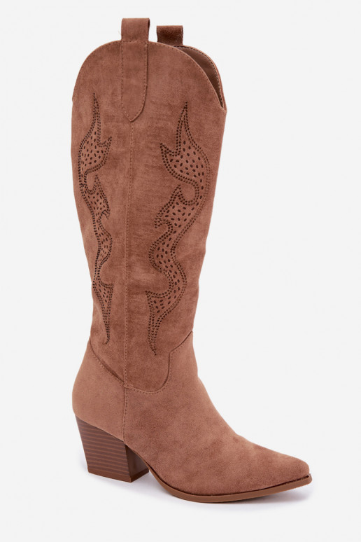 long cowboy-style boots with decoration on the shaft in brown color Greyla