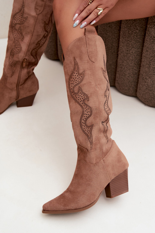 long cowboy-style boots with decoration on the shaft in brown color Greyla