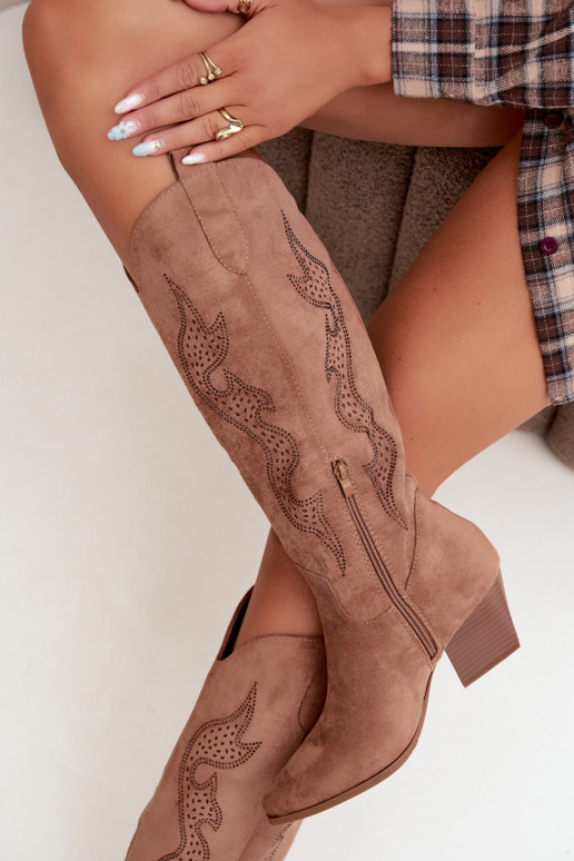 long cowboy-style boots with decoration on the shaft in brown color Greyla