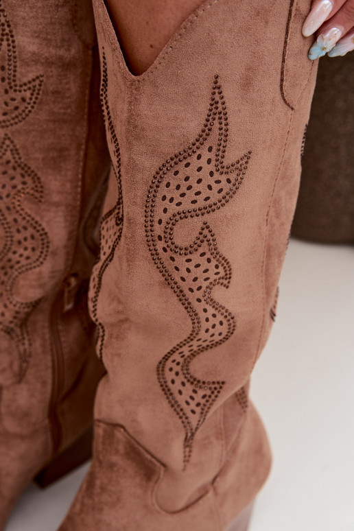 long cowboy-style boots with decoration on the shaft in brown color Greyla
