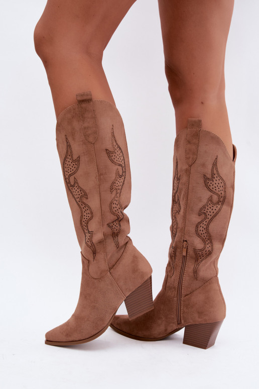 long cowboy-style boots with decoration on the shaft in brown color Greyla