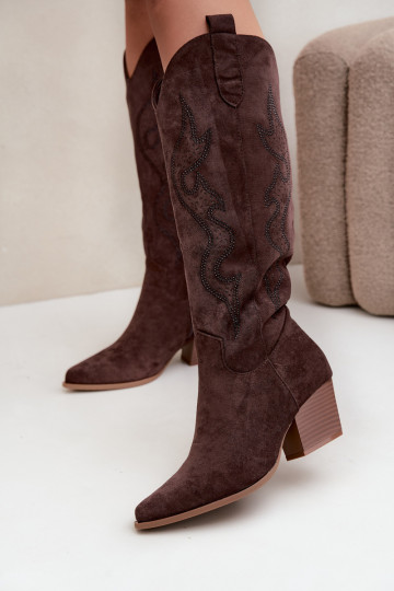 Women's Cowgirl Boots With Embellishment Block Heel Czekoladowe Greyla