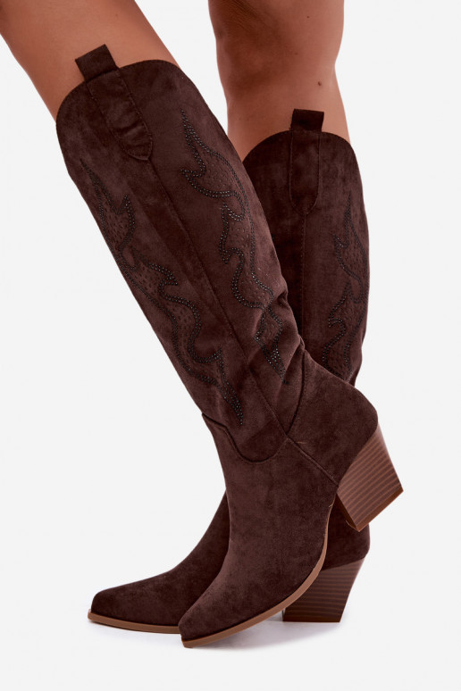 long cowboy-style boots with decoration on the shaft in chocolate color Greyla