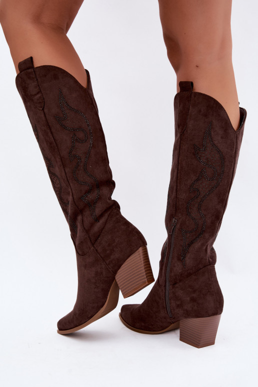 long cowboy-style boots with decoration on the shaft in chocolate color Greyla