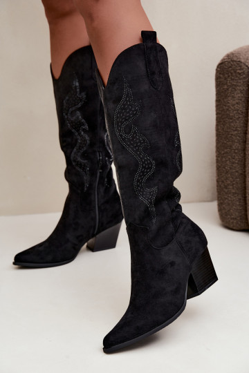 Women's Cowboy Boots With Embellishment Block Heel Black Greyla