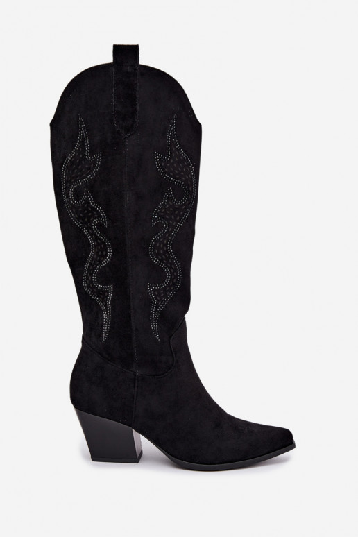 long cowboy-style boots with decoration on the shaft in black color Greyla
