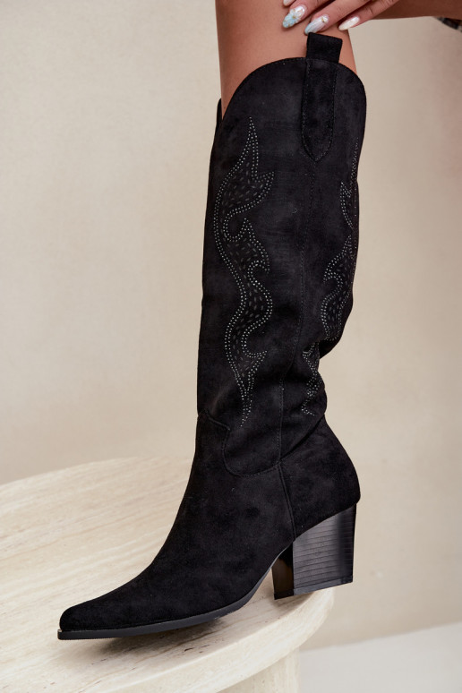 long cowboy-style boots with decoration on the shaft in black color Greyla