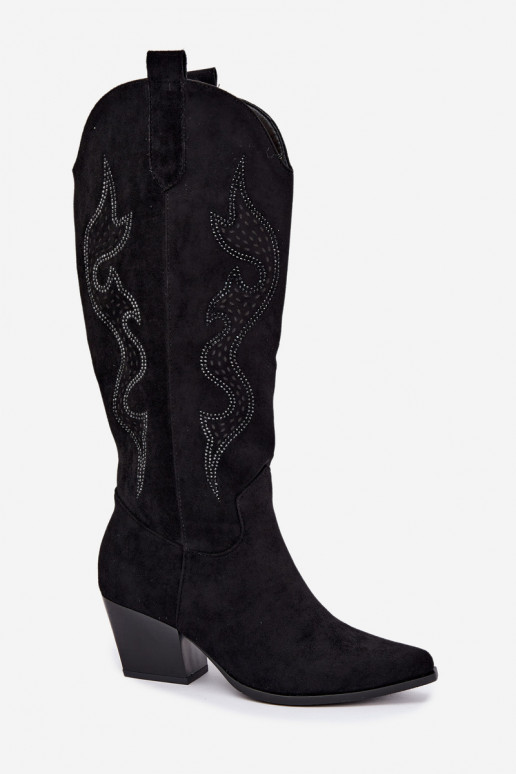 long cowboy-style boots with decoration on the shaft in black color Greyla