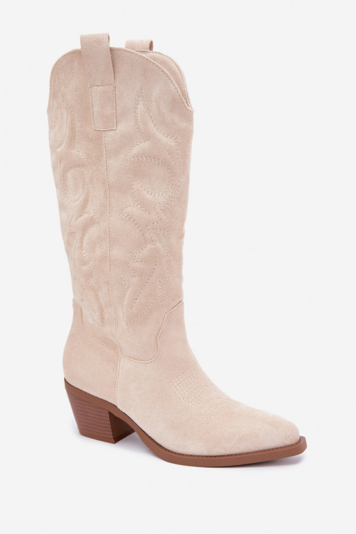 long cowboy-style boots with heels in ivory color INesly