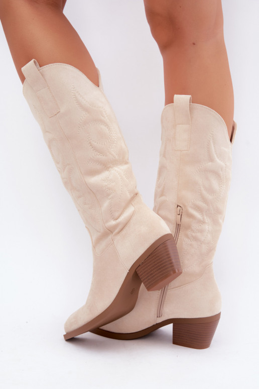 long cowboy-style boots with heels in ivory color INesly