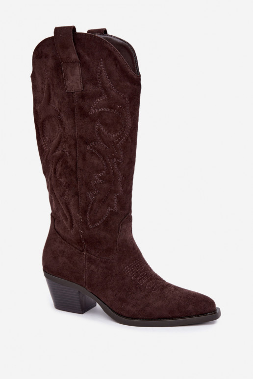 long cowboy-style boots with heels in chocolate color INesly