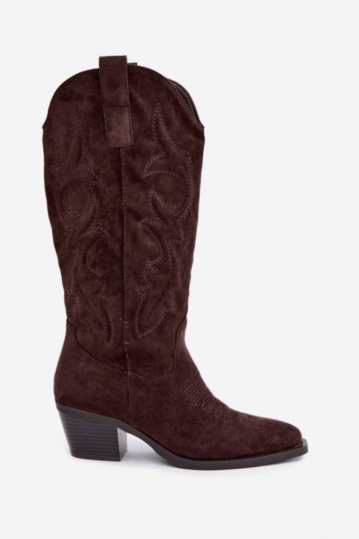 long cowboy-style boots with heels in chocolate color INesly