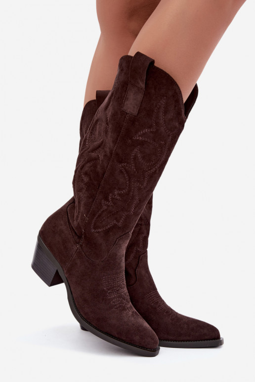 long cowboy-style boots with heels in chocolate color INesly