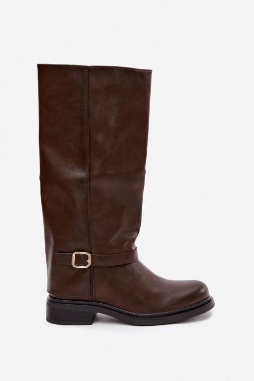 warm women's long boots with buckles in chocolate color Elland