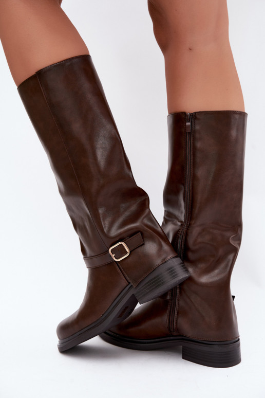 warm women's long boots with buckles in chocolate color Elland