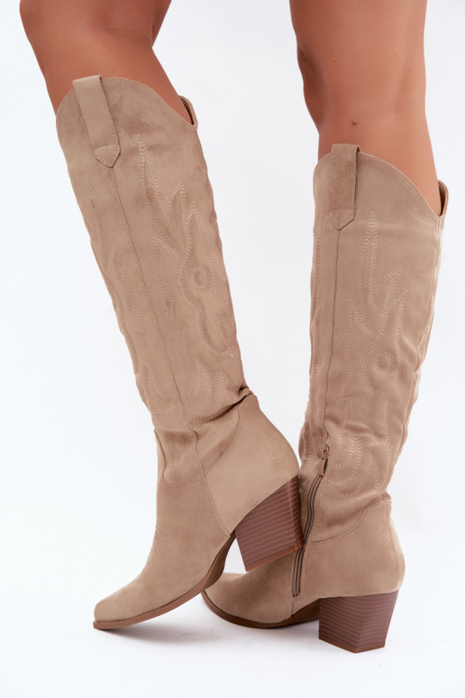 Women's Beige Cowboy Boots With Heel Glenor