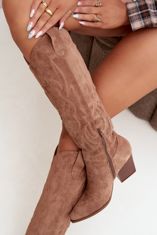 women's cowboy-style knee-high boots with heels in brown color Glenor
