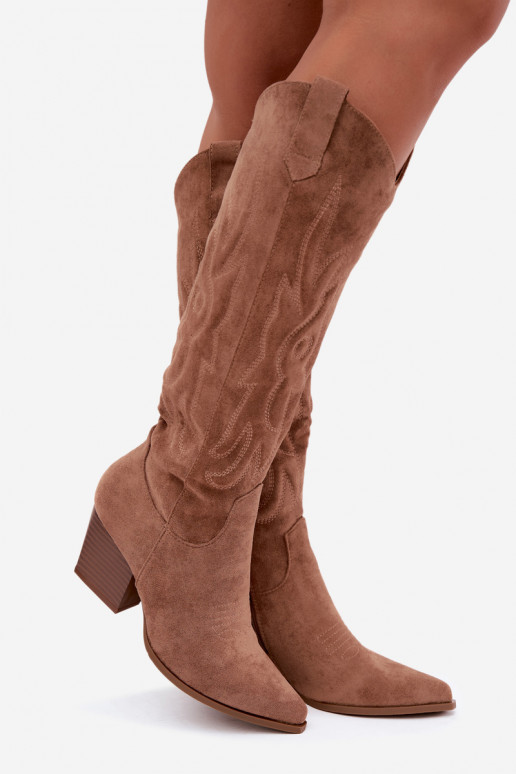 women's cowboy-style knee-high boots with heels in brown color Glenor