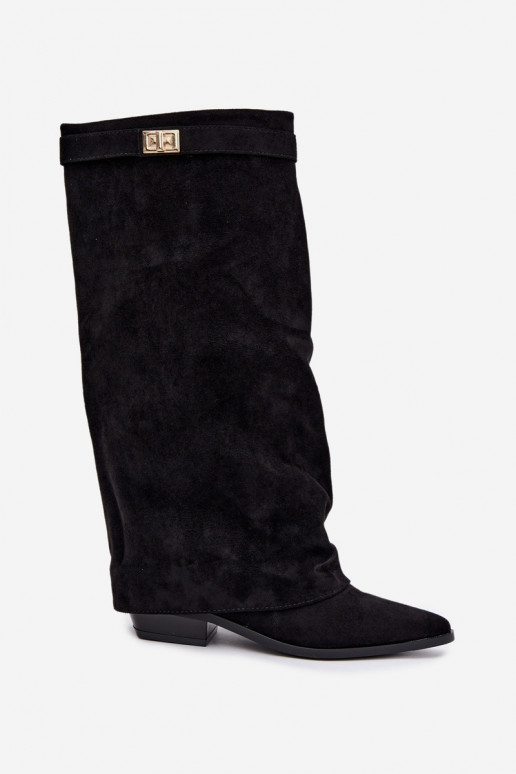 women's knee-high boots with a stitched shaft on a low heel made of faux suede in black color Gisellea