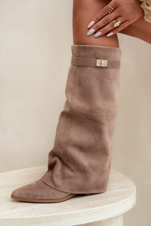 Women's Boots With Turned Cuff On Low Heel Eco Suede Dark Beige Gisellea