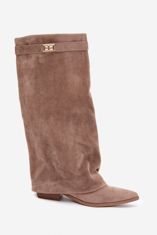 Women's Boots With Turned Cuff On Low Heel Eco Suede Dark Beige Gisellea