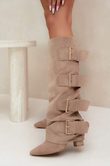 Women's Block Heel Boots With Turned-Up Shaft and Gold Buckles Eco Suede Khaki Isavelle