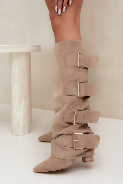 Women's Block Heel Boots With Turned-Up Shaft and Gold Buckles Eco Suede Khaki Isavelle