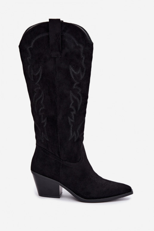 women's cowboy-style knee-high boots with heels made of faux suede in black color Merise