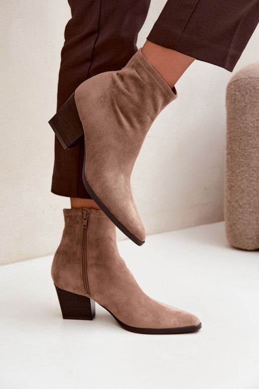 Women's Ankle Boots With Sloped Block Heel And Zipper Dark Beige Atina