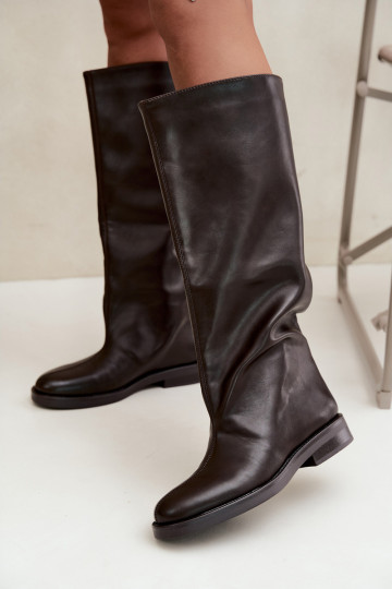 Women's Flat Heel Boots With Decorative Stitching Chocolate Gresa 2