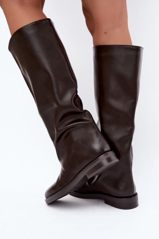 Women's Flat Heel Boots With Decorative Stitching Chocolate Gresa