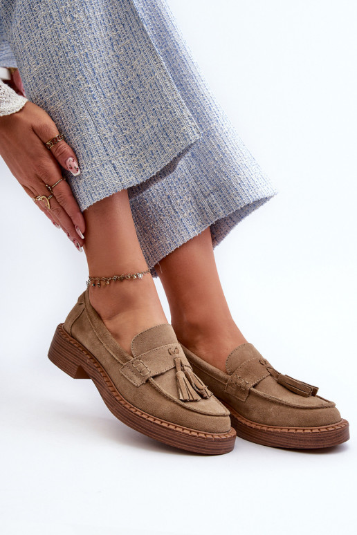 women's suede moccasins with tassels D&A TIN107 in brown