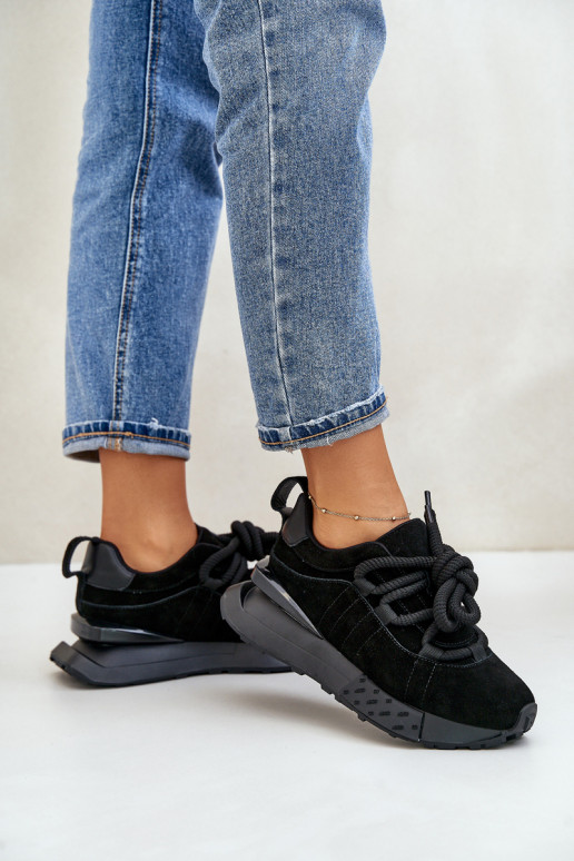 women's suede sneakers with platform and rugged lacing Artiker 54C1464 in black