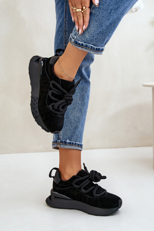 damskie zamszowe sneakersy z platformą i mocnym sznurowaniem Artiker 54C1464 w kolorze czarnym
