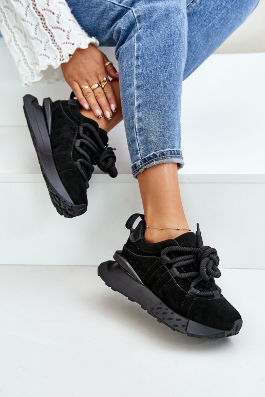 damskie zamszowe sneakersy z platformą i mocnym sznurowaniem Artiker 54C1464 w kolorze czarnym