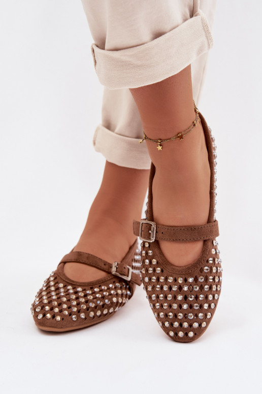 Brown women's ballerinas with cut-out elements and shiny details Nilvessa