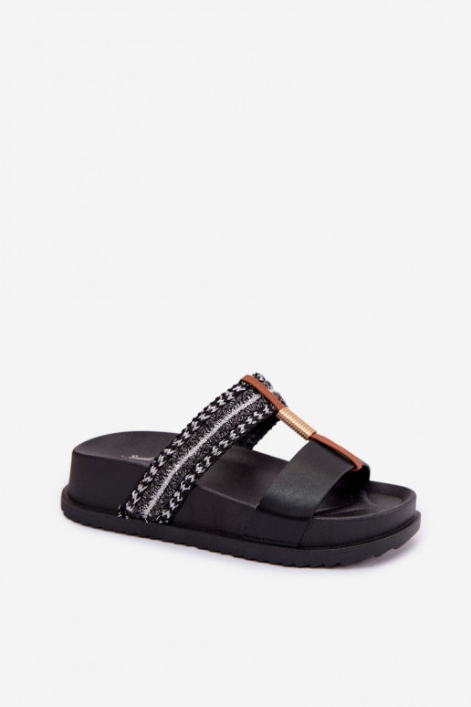 Black women's slippers with platform, straps and gold details Tahlia