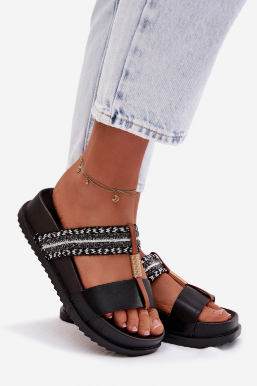 Black women's slippers with platform, straps and gold details Tahlia