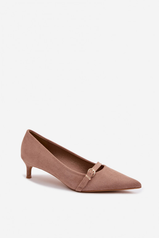 Sand-colored women's low-heeled shoes with decorated heels Pirela