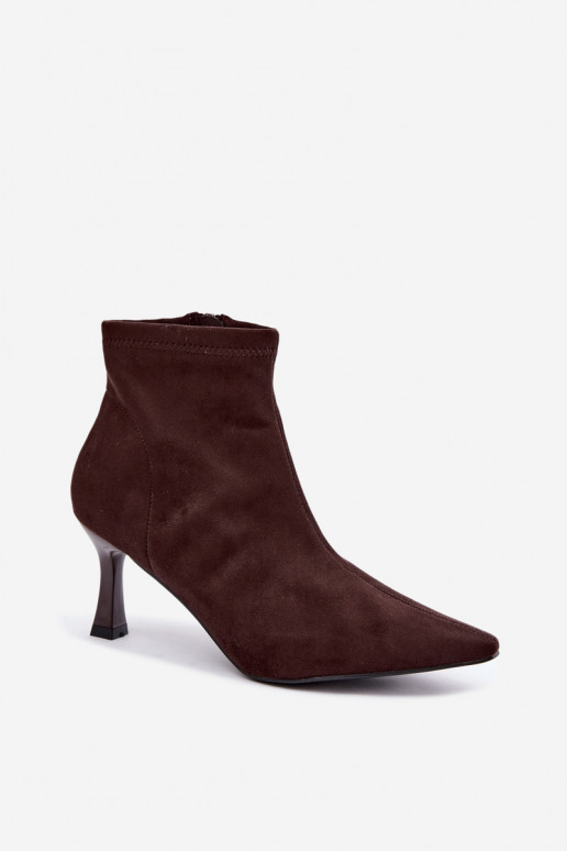 Women's ankle boots on a slim heel with stitching in chocolate color Clancy
