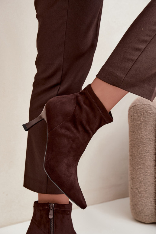 Women's ankle boots on a slim heel with stitching in chocolate color Clancy
