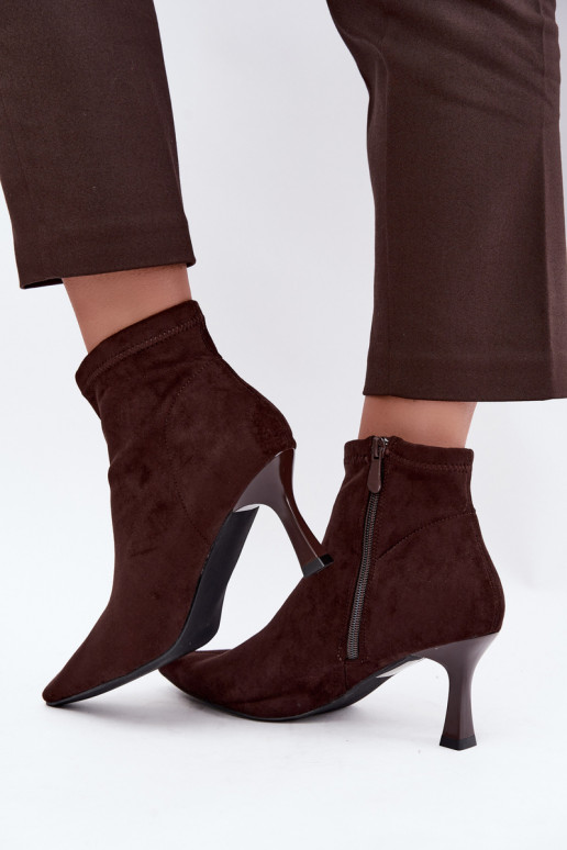 Women's ankle boots on a slim heel with stitching in chocolate color Clancy
