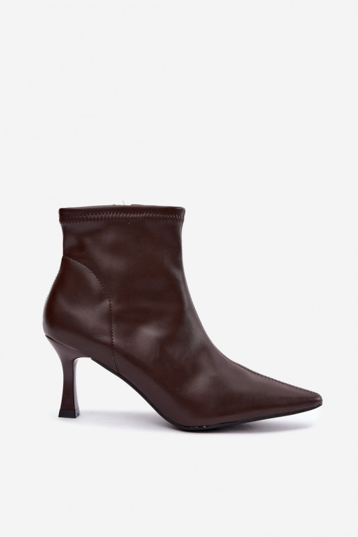 Women's ankle boots on a slim heel with stitching made of faux leather in chocolate color Clancy