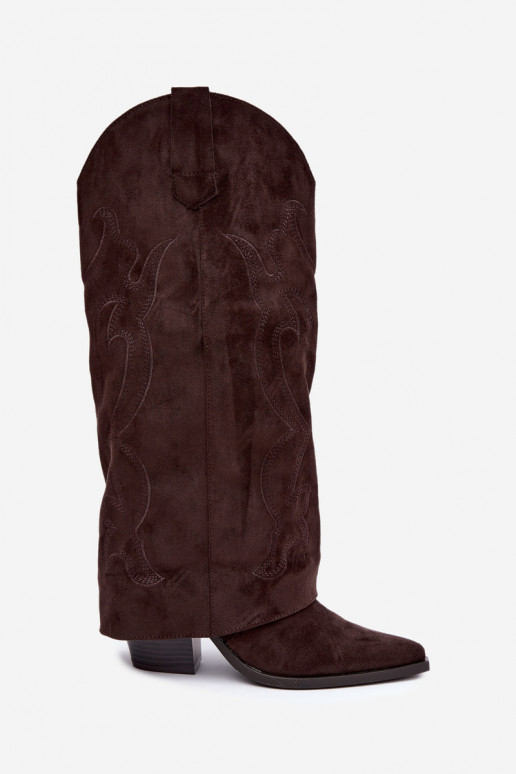 Long cowboy-style boots with heels and stitched shaft in chocolate color Irella