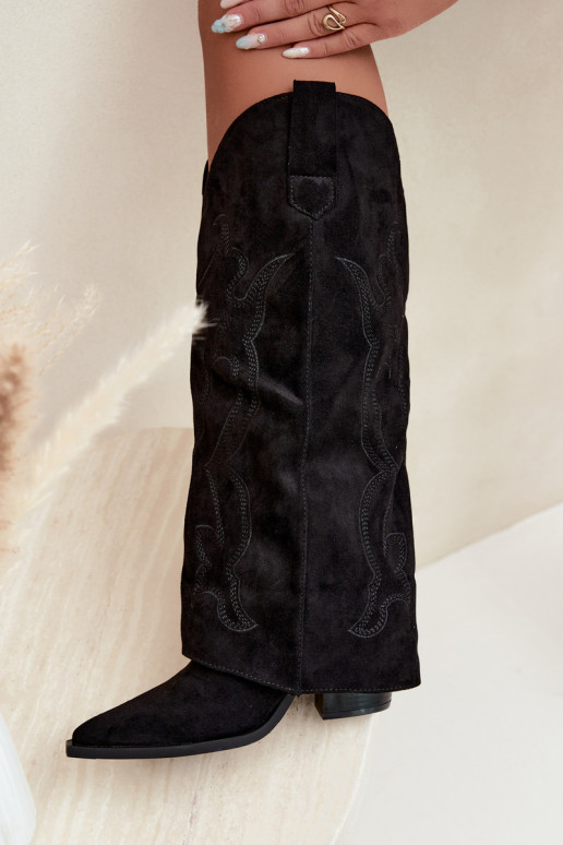 Long cowboy-style boots with heels and stitched shaft in black color Irella